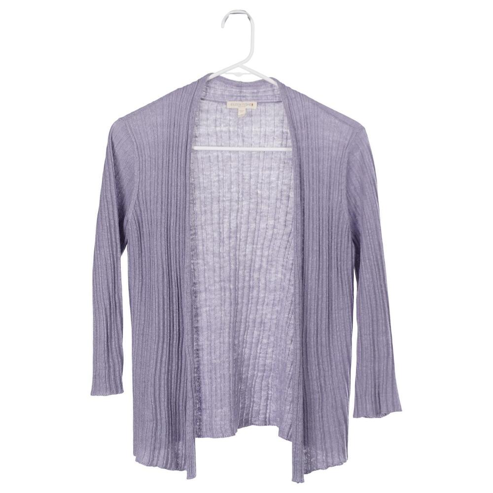 Eileen Fisher Cardigan PP Petite Purple Linen Knit Open Front 3/4 Sleeve Casual